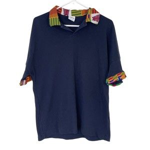 Zara Polo Shirt Men's Large Navy Blue Short Sleeve ￼ African print collar